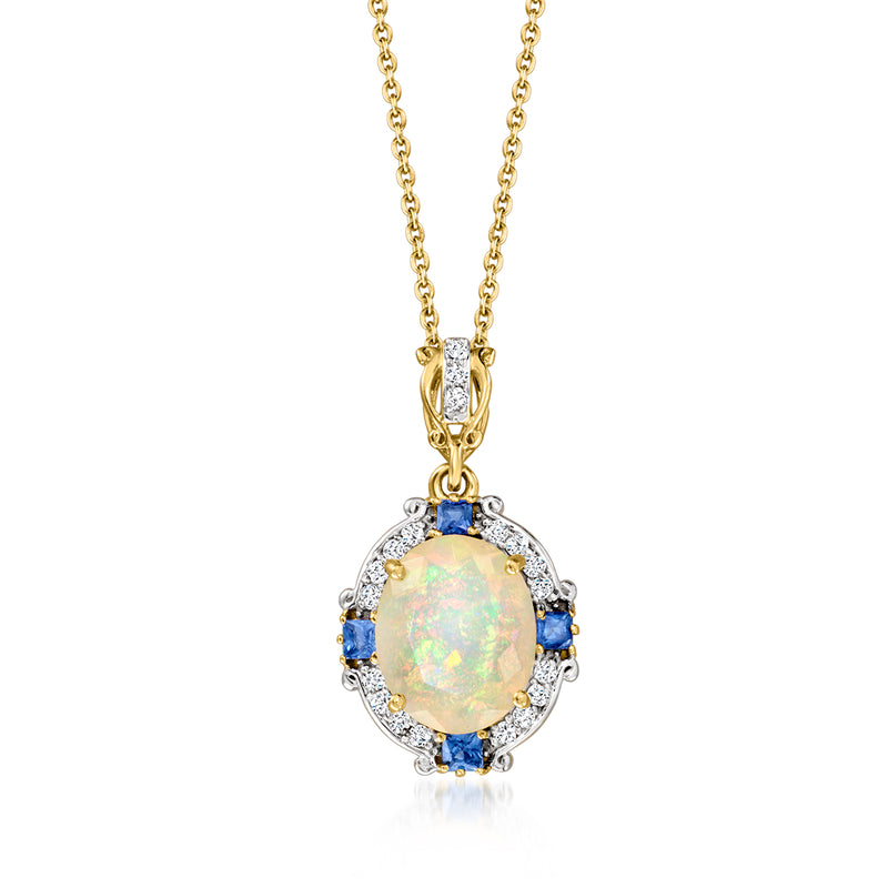 14k yellow gold pendant necklace with oval opal, blue sapphire accents, diamond halo