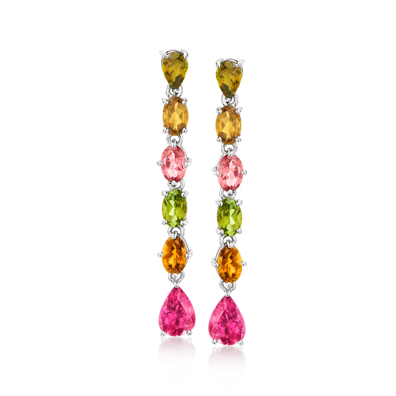 Multicolored tourmaline linear drop earrings in sterling silver with oval gemstone drops