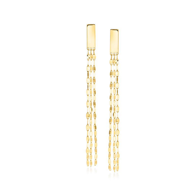 14kt yellow gold drop earrings with cascading chain links, rectangular top