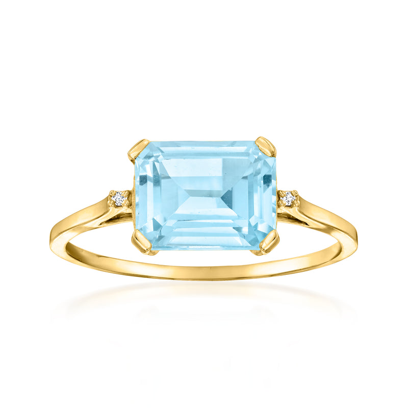 Sky blue topaz and diamond ring in 14kt yellow gold, cushion-cut center stone