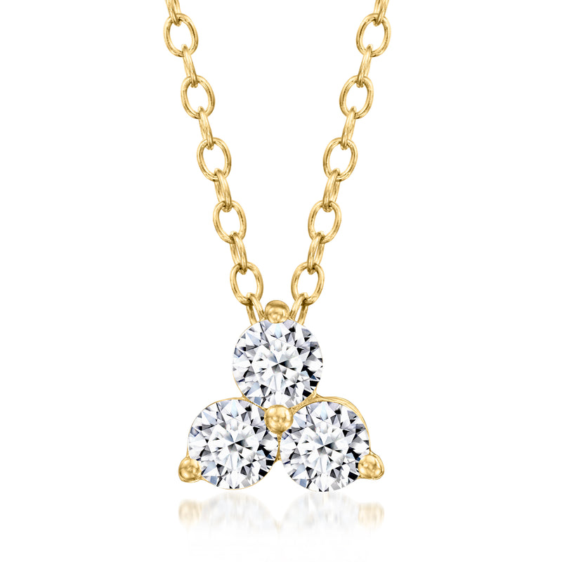 Three-stone round diamond pendant necklace with gold-tone chain and three sparkling stones