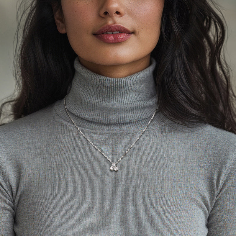 Sterling silver three-stone pendant necklace with round lab-grown diamond center and sides