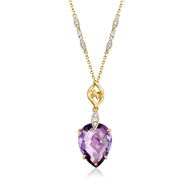 14k yellow gold pendant necklace with heart amethyst, small diamond accents