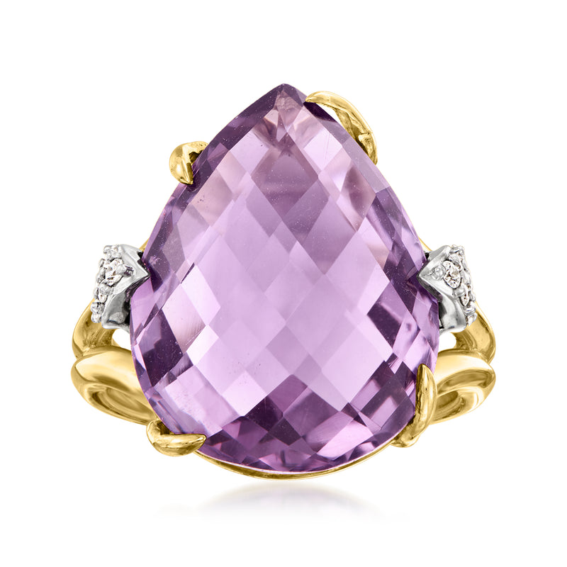 14kt yellow gold cocktail ring with large cushion-cut amethyst and diamond side accents