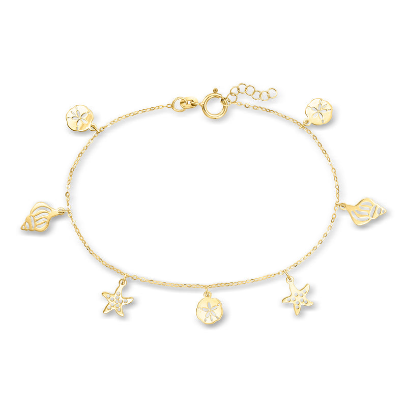 Yellow gold sea life charm bracelet with starfish and seashell stations