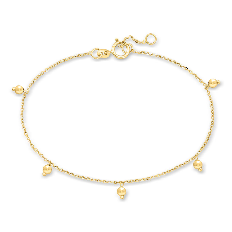 Yellow gold bead station bracelet, round bead charms and circular clasp