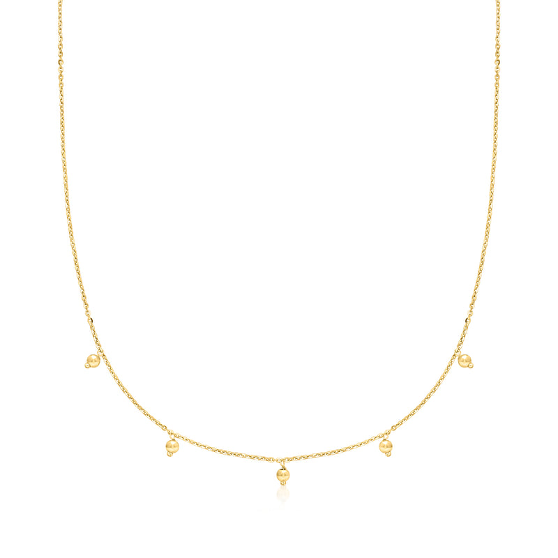 14kt yellow gold bead station necklace with small round stations along chain
