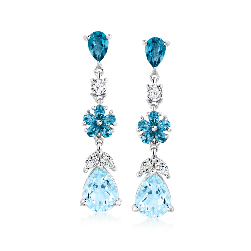 Sterling silver drop earrings with sky-blue topaz teardrops and diamond accents
