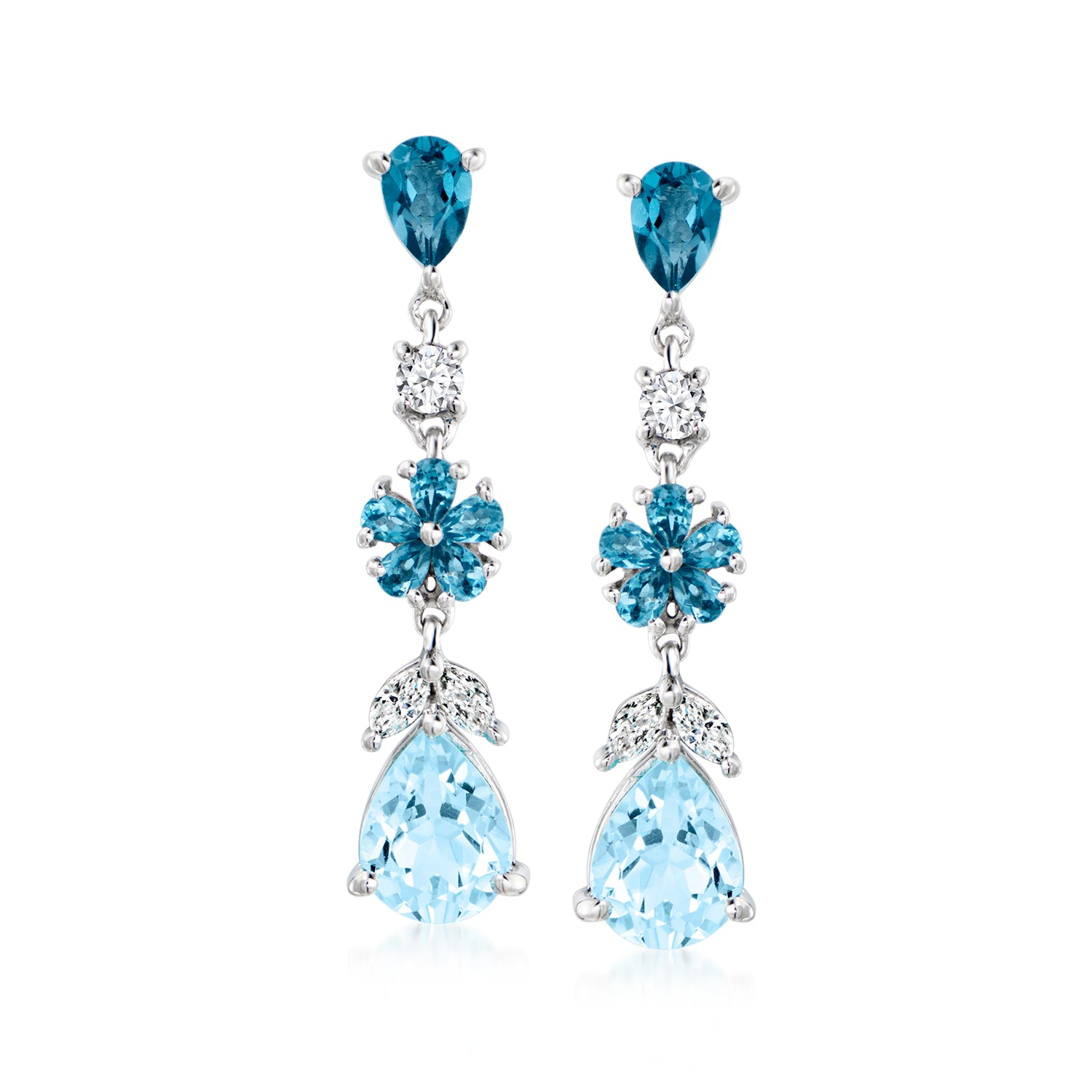 5.50 ct. t.w. Sky and London Blue Topaz Floral Drop Earrings with .50 ct. t.w. Lab Grown Diamonds in Sterling Silver