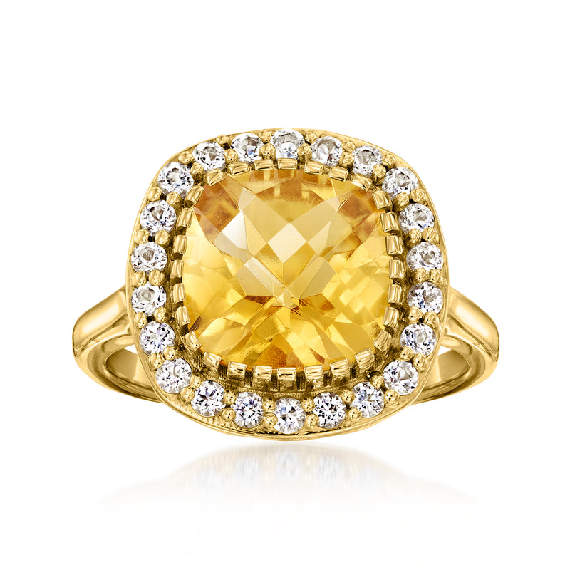 18kt gold over sterling ring with oval yellow citrine and white topaz halo