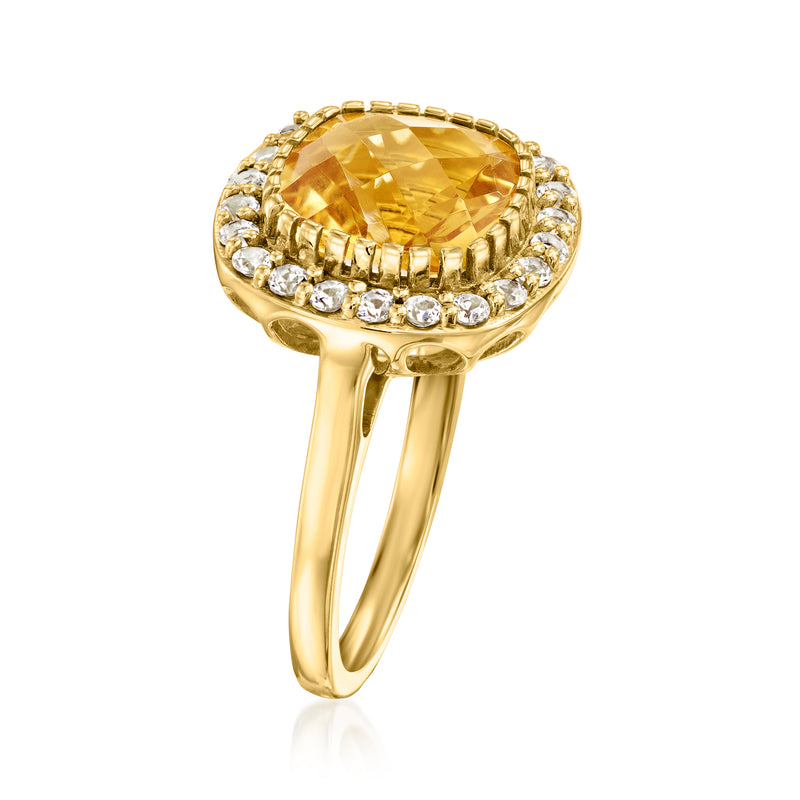Yellow citrine oval ring with white topaz accents along top and split shank