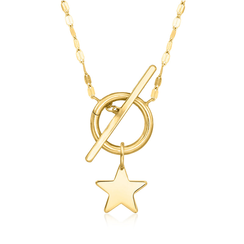 Gold necklace with star charm pendant and interlocking ring bar clasp