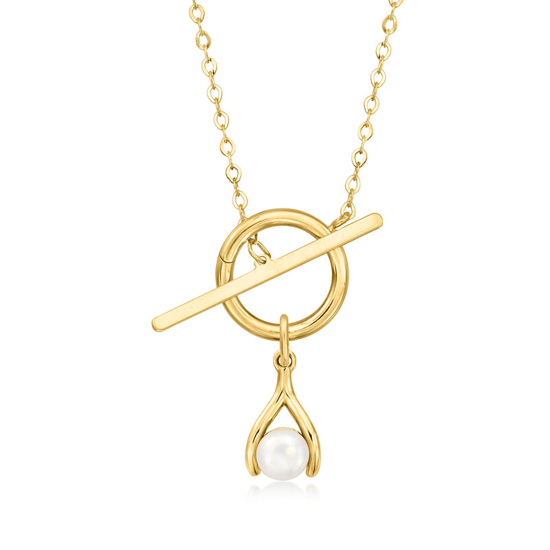 14kt yellow gold toggle necklace with circular ring, bar charm, and pearl drop charm