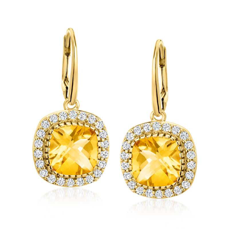 Leverback drop earrings, 18kt gold over sterling, yellow citrine with white topaz halo