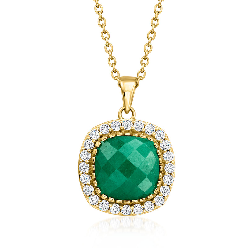 Gold-tone pendant necklace with oval green emerald-cut center and white gemstone halo