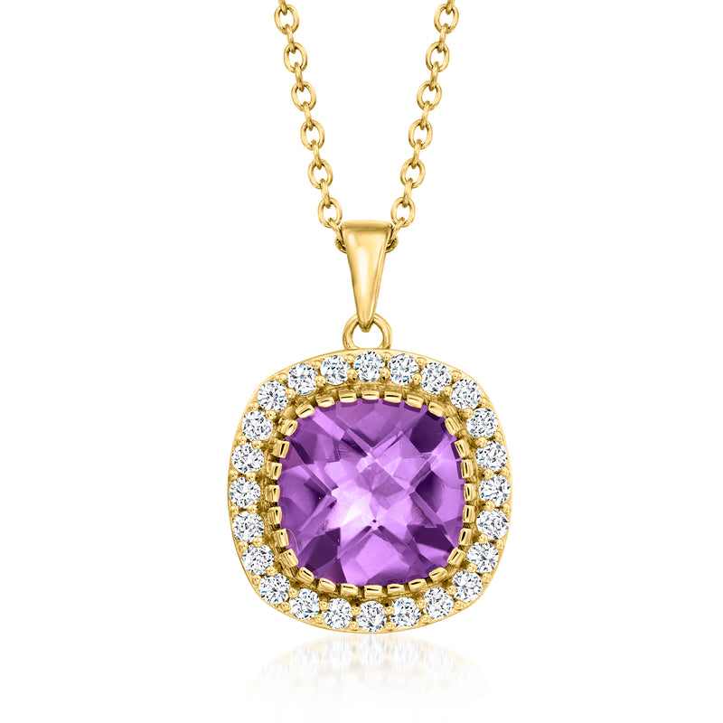 18kt gold over sterling amethyst pendant with white topaz halo, on link chain