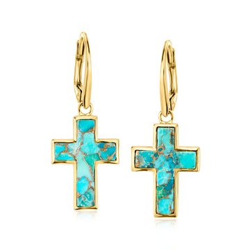 Turquoise Cross Drop Earrings in 18kt Gold Over Sterling