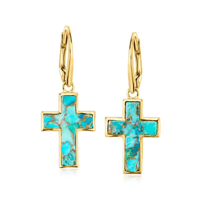 Turquoise cross drop leverback earrings, 18kt gold over sterling, gold hoop tops