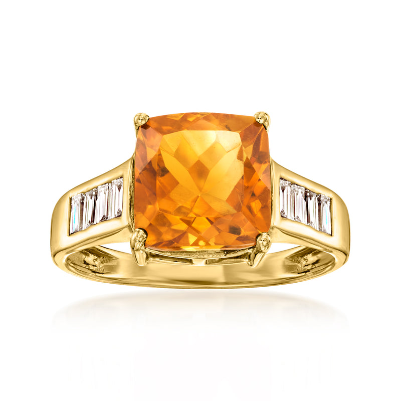 Gold ring with square-cut citrine center and baguette diamond side stones