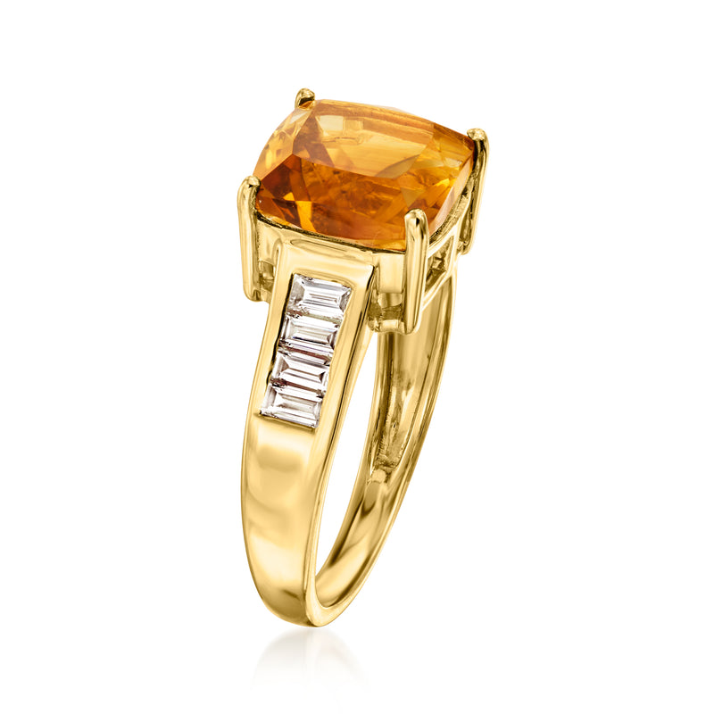 Gold ring with elongated citrine top, baguette diamond side accents