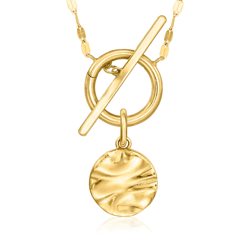 Yellow gold wavy disc charm dangling from circular ring and bar connector