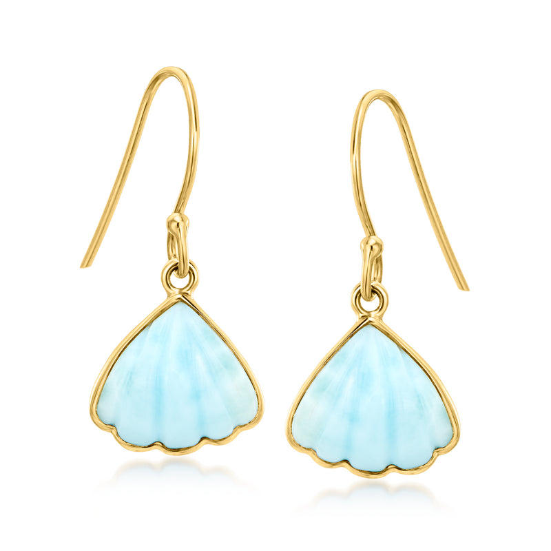 Gold-tone drop earrings with carved blue seashell teardrop and earwire hooks