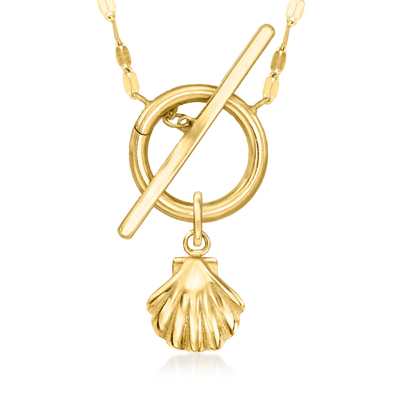 14kt yellow gold seashell charm pendant on chain; round hoop with straight bar