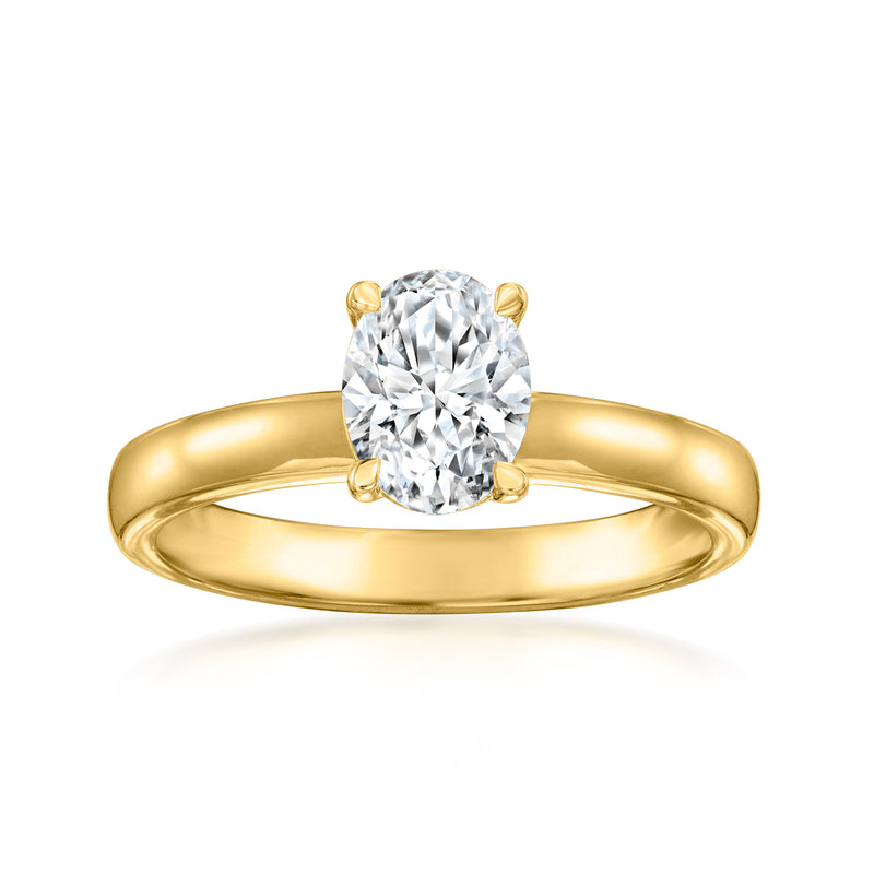 14kt yellow gold wide ring with oval lab-grown diamond and four-prong setting