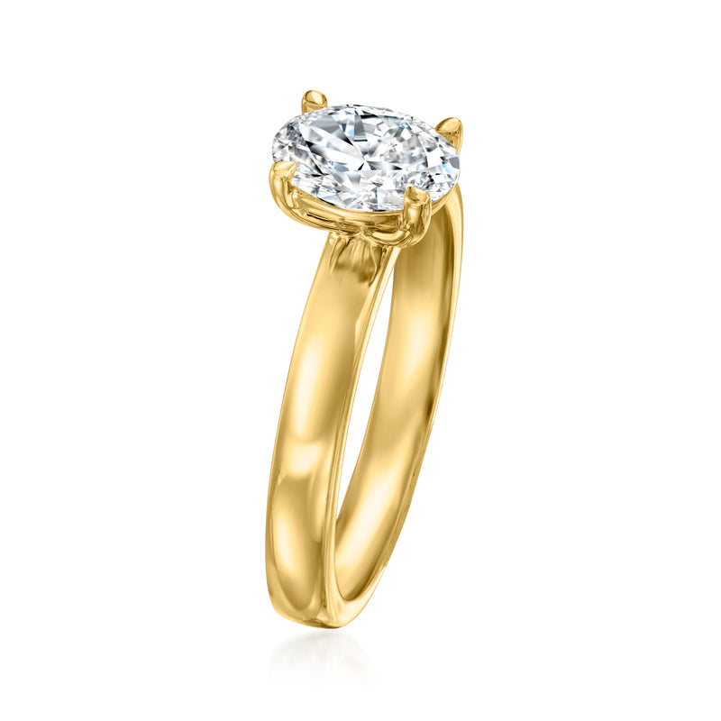 14kt yellow gold wide ring with oval lab-grown diamond in raised four-prong setting