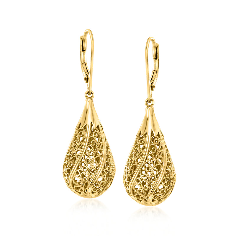 Gold filigree teardrop leverback earrings, ornate drop design with hinged clasp.