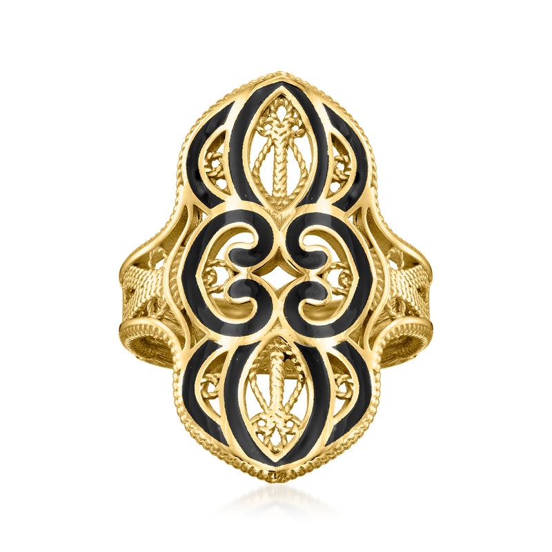 Gold-tone filigree ring with black enamel marquise details