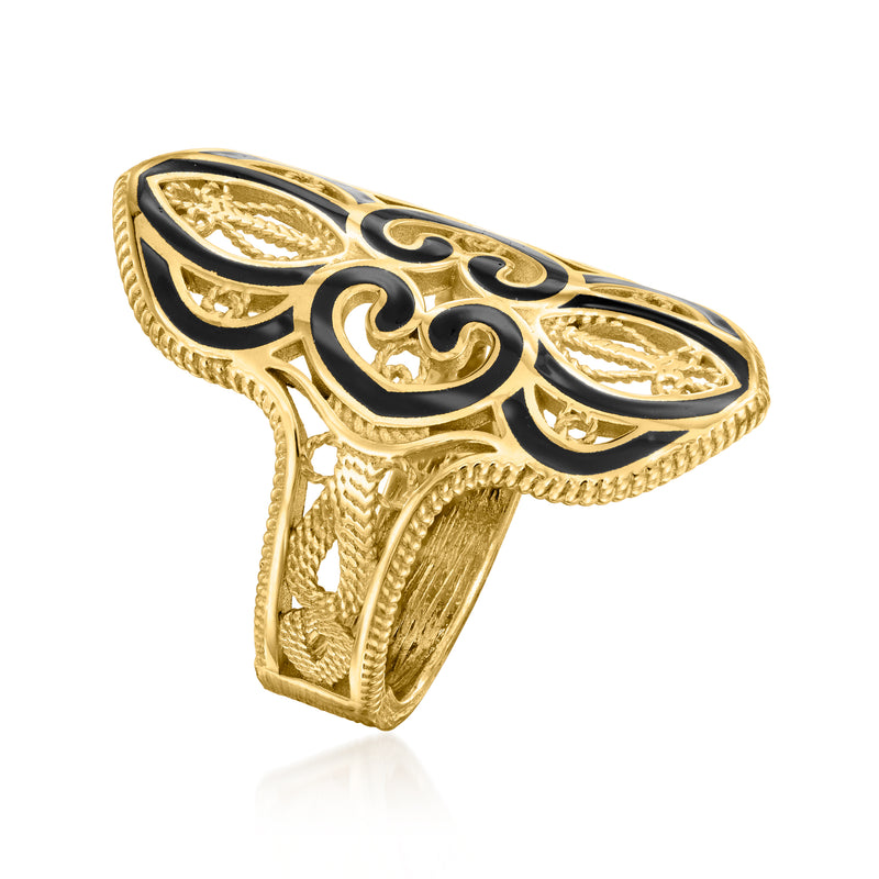 Gold-tone filigree ring with black enamel oval settings, side view