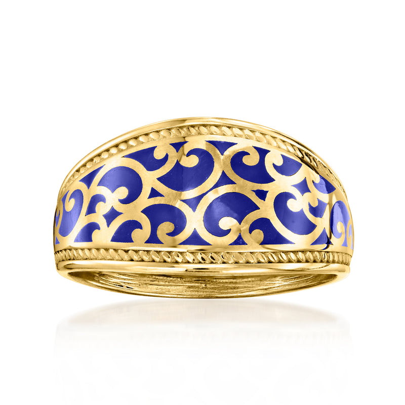 Gold ring with blue enamel scrollwork band, rounded profile