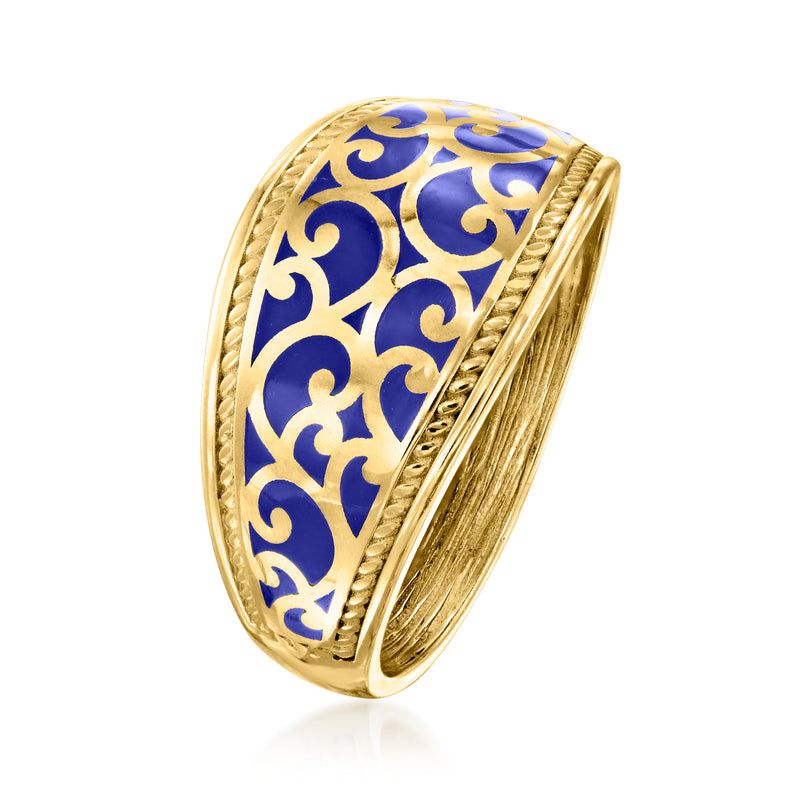 Side view of gold ring with blue enamel scrollwork and engraved edges