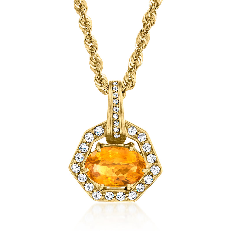 Vintage yellow topaz pendant necklace in 18kt yellow gold with diamond halo, oval gem.
