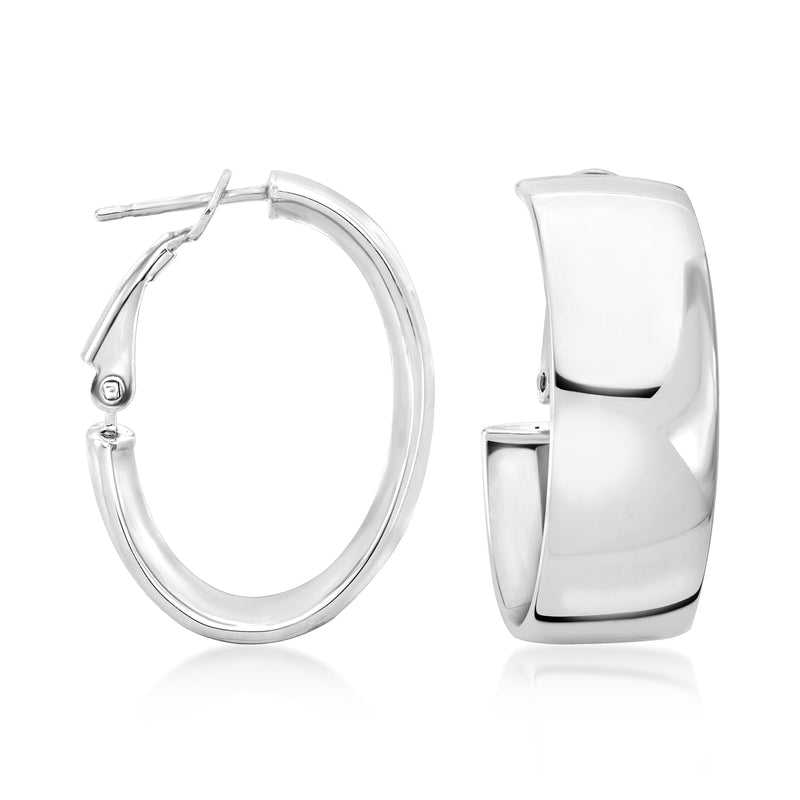 Sterling silver oval hoop earrings with hinged clasp, polished finish