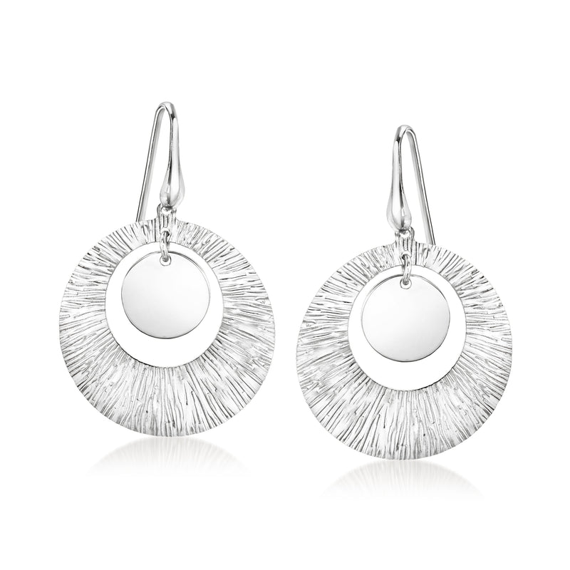 Sterling silver textured circle drop earrings with round center disc and earwire hooks
