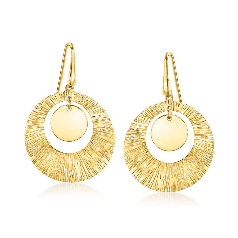 Gold textured circle drop earrings with smooth center, earwire hooks.