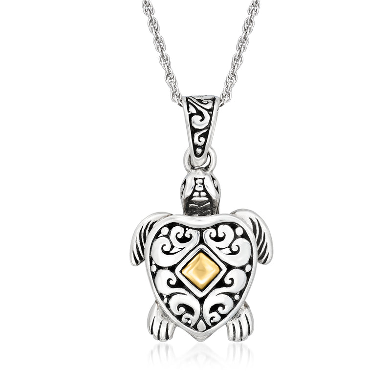 Sterling silver turtle pendant necklace with 18kt yellow-gold inlay on a chain