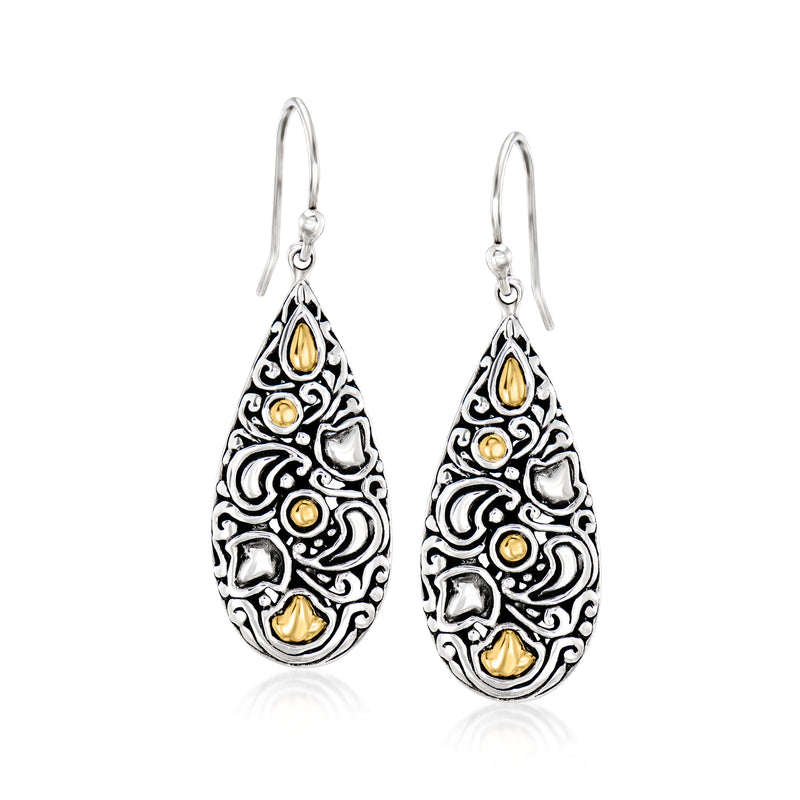 Bali-style teardrop earrings in sterling silver with 18kt yellow gold inlays