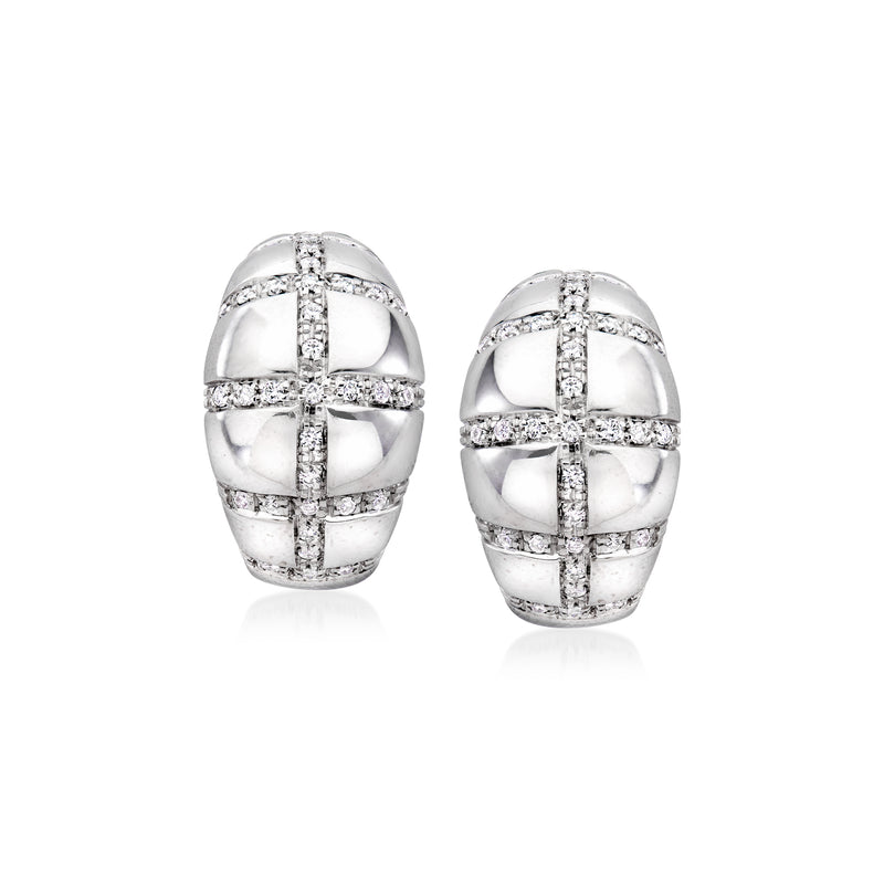 White gold diamond hoop earrings with crisscross baguette-set accents, clip-back