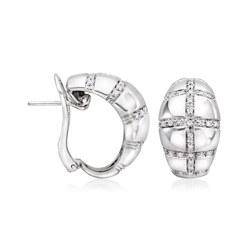 White gold diamond hoop earrings, hinged clasp view with baguette-set accents