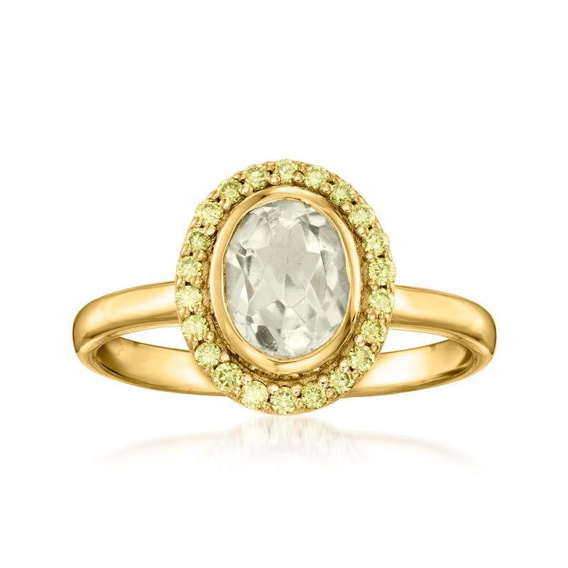 Oval prasiolite ring with green diamond halo in gold