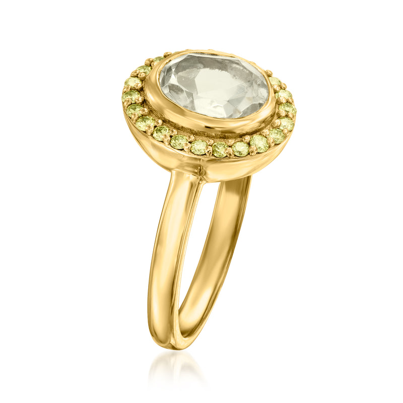Oval clear-stone gold-tone ring with green gemstone halo and split band