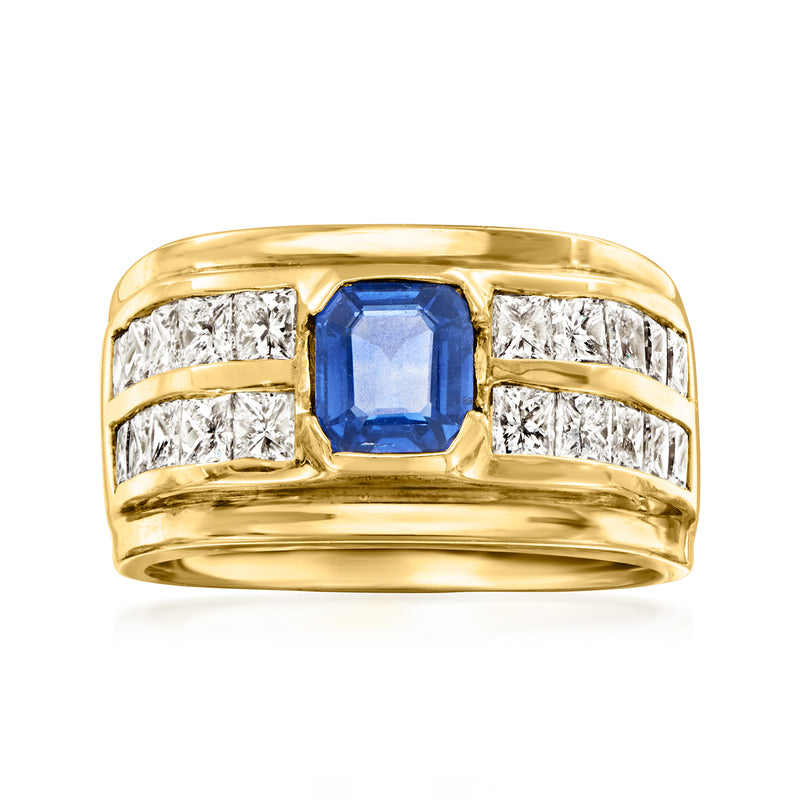 Vintage 14kt yellow gold ring with blue square sapphire center and white diamond bands.