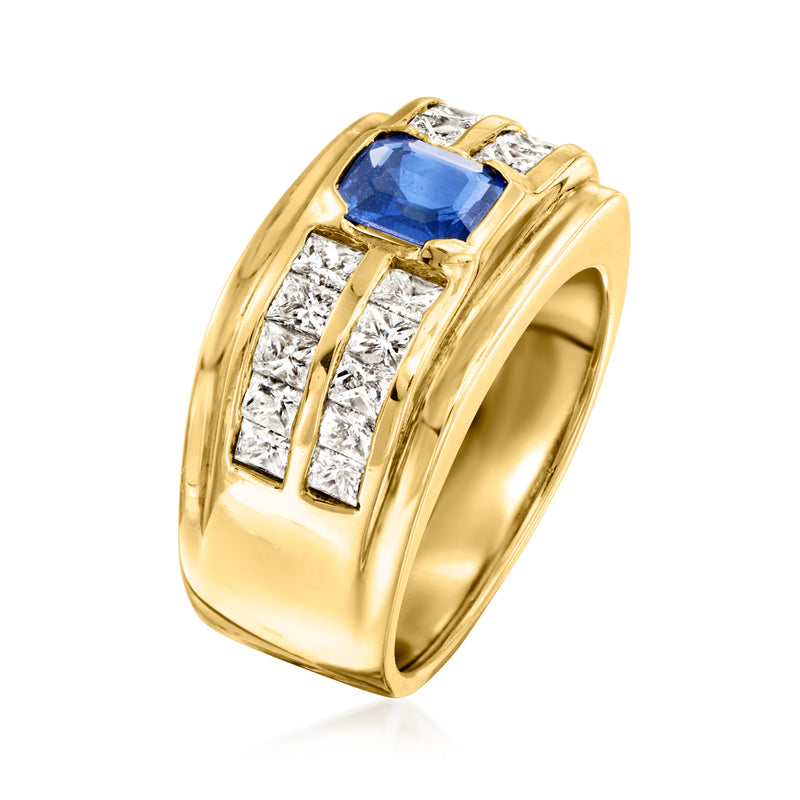 Vintage 14kt yellow gold ring with blue square sapphire center and side diamond accents.