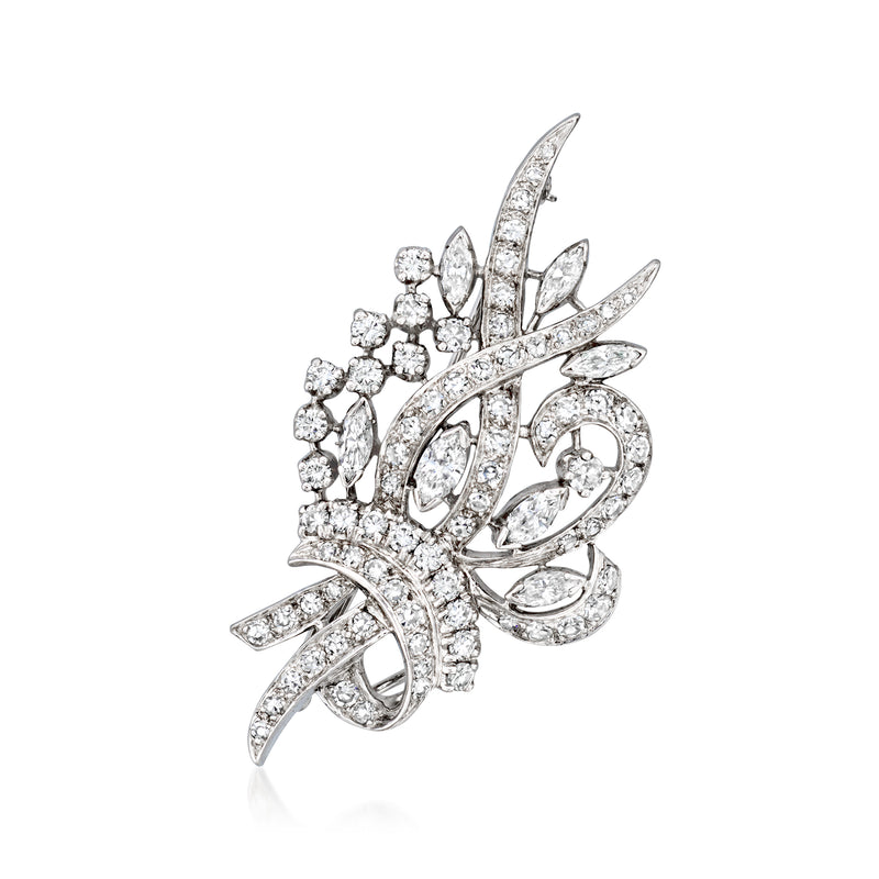 Vintage diamond spray pin in 14kt white gold with swirling leaf motif