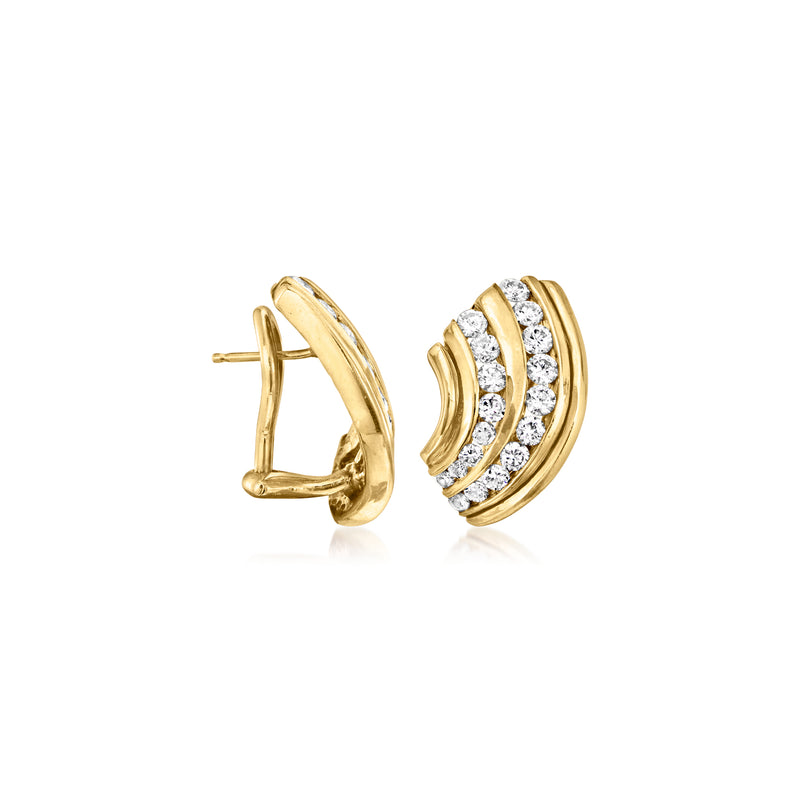 Yellow gold diamond curve earrings with curved pavé rows and clip/post backs