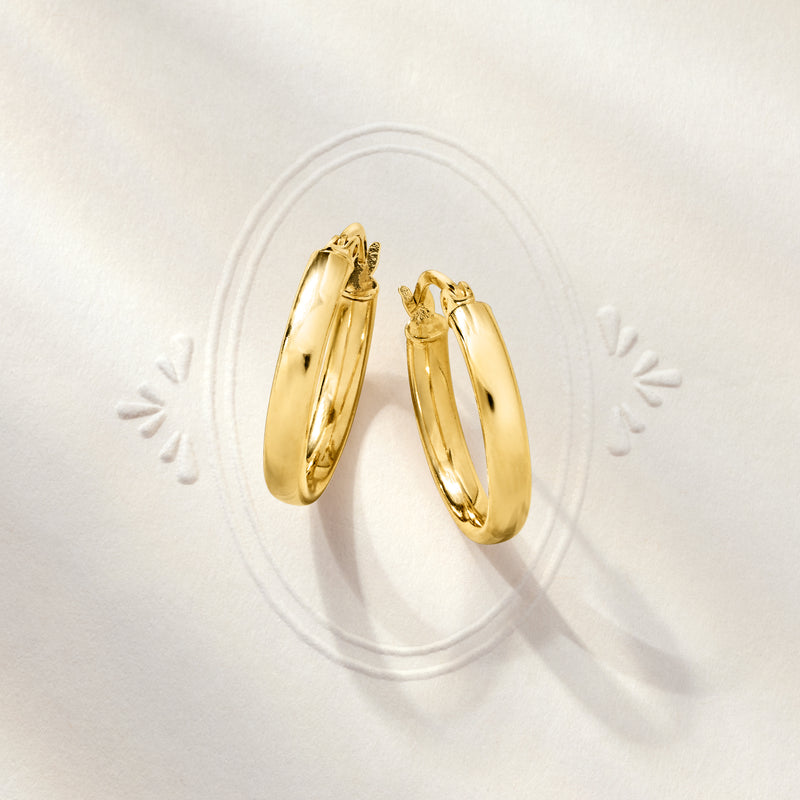 18kt gold over sterling hoop earrings, polished round hoops with hinge clasp