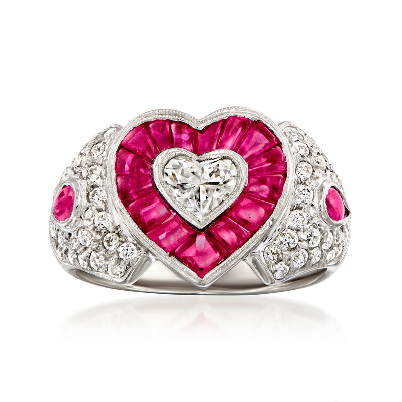 Heart ruby gemstone ring with diamond accents and platinum band, pink side stones